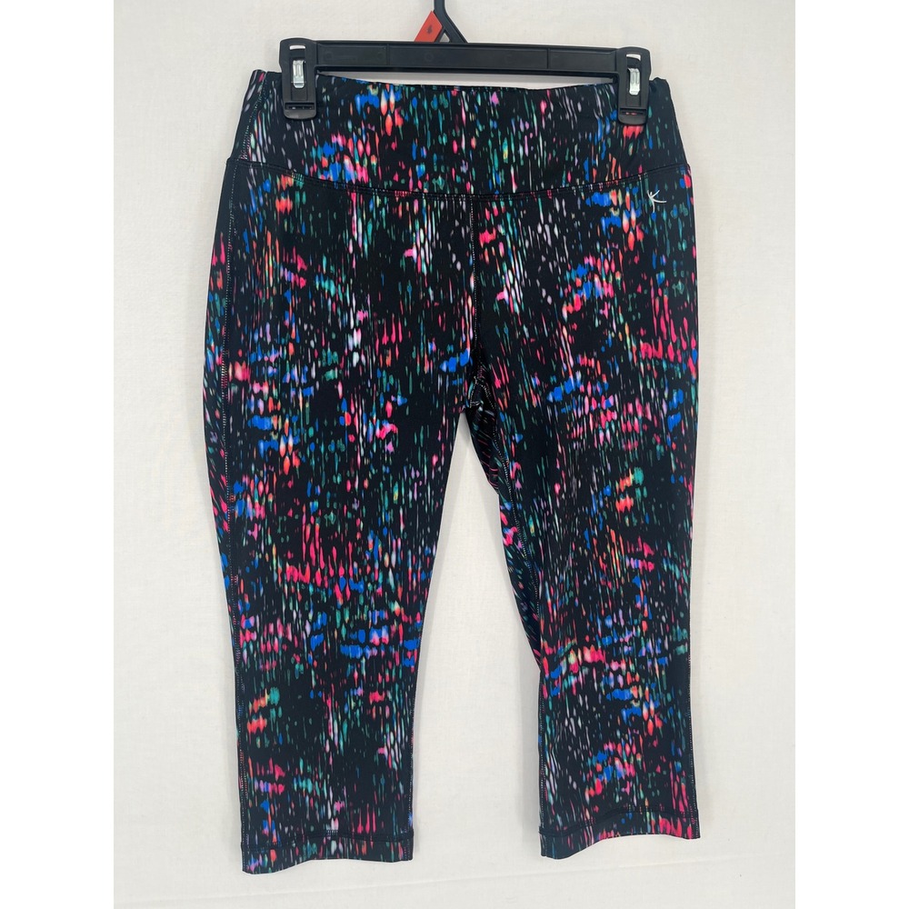 Danskin Now Womens Capri Leggings Small 4-6 Black Multicolor Abstract Activewear